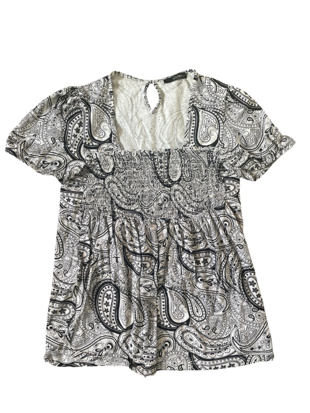 Black White Paisley Smocked Cotton Top Babydoll Y2K Festival Peasant Romantic - Picture 9 of 9